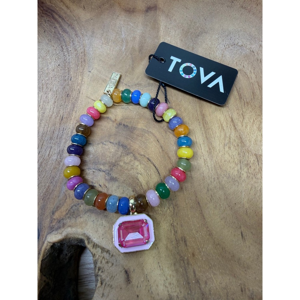 TOVA‎ Dakota Beaded Stretch Bracelet Pink Crystal Charm Gold Tone New with Tags